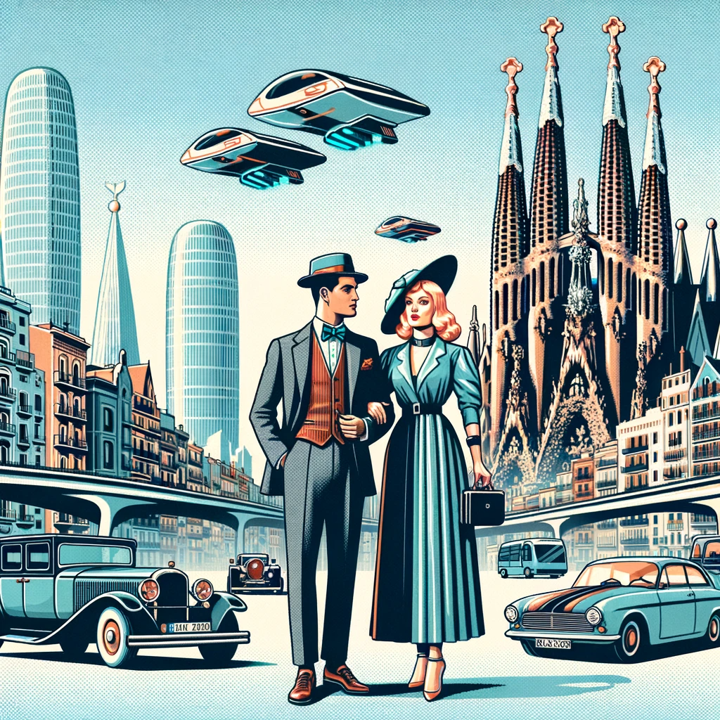 DALL·E 2023 10 31 12.16.31 Illustration of a retrofuturistic couple a man and a woman dressed in avant garde clothing standing in front of iconic Barcelona landmarks such as