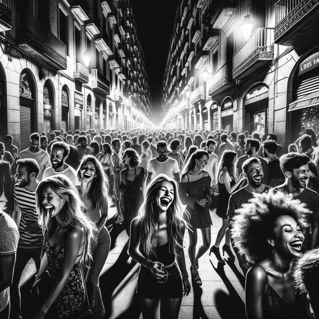 DALL·E 2023 10 31 12.17.30 Black and white photo of a lively Barcelona street at night showcasing people of diverse descents and genders laughing dancing and enjoying the cit